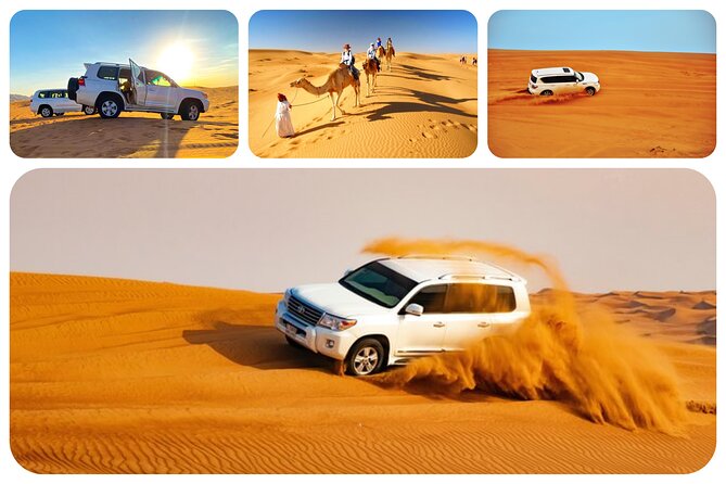 Doha: Desert Safari, Sand Boarding, Camel Ride & Inland Sea Tour - Sealine Beach: tea, camels, and preparing the tires